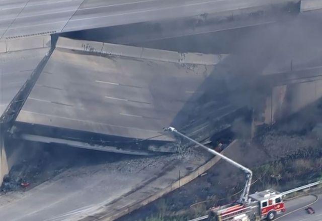 Viaduto desaba após caminhão pegar fogo nos EUA