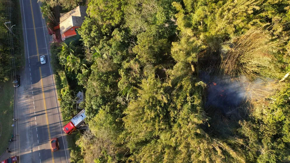 Bombeiros combatem incêndio em vegetação no Sul da Ilha em Florianópolis